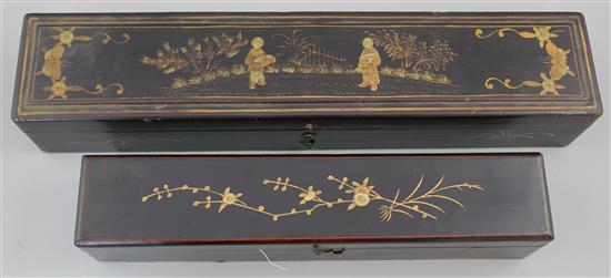 Two Chinese cased fans, 19th century, 20.5cm, both with gilt decorated black lacquer boxes
